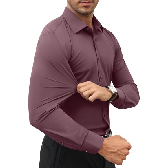 Men Pink Long Sleeve Slim Muscle Fit Wrinkle Free Button Down Dress Shirts - Picture 2 of 9